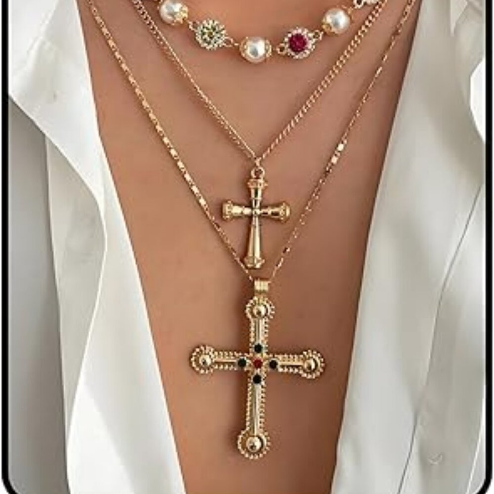 Layered‎ Double Cross Choker Necklace Gold Pearls Rhinestones
